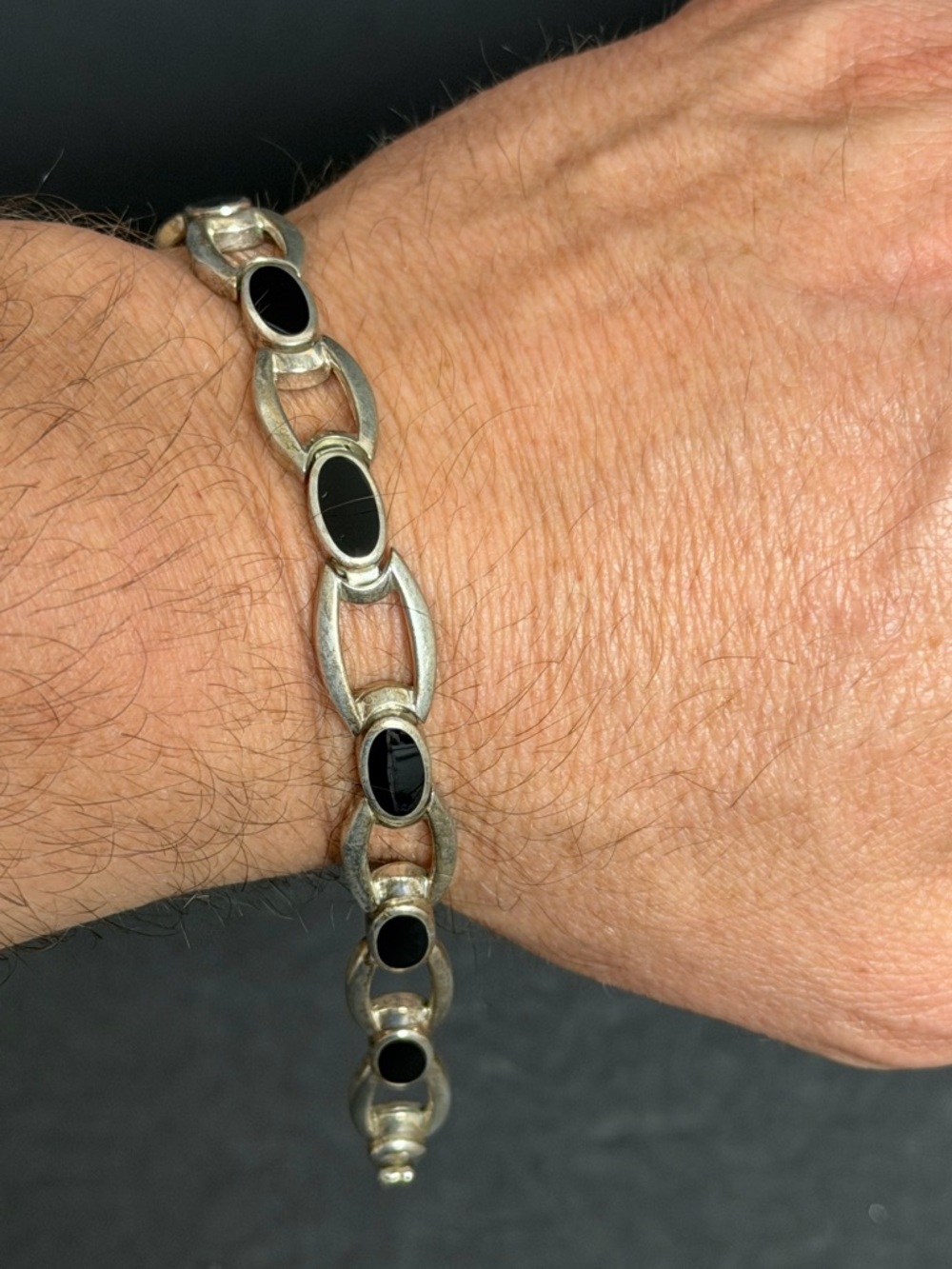 Vtg Sterling Signed 925 Thailand Black Onyx Chunky Panel Chain Link Bracelet 7.5